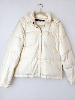 Kenneth Cole Reaction Down Puffer Jacket Womens Large Ivory Removable Hood
